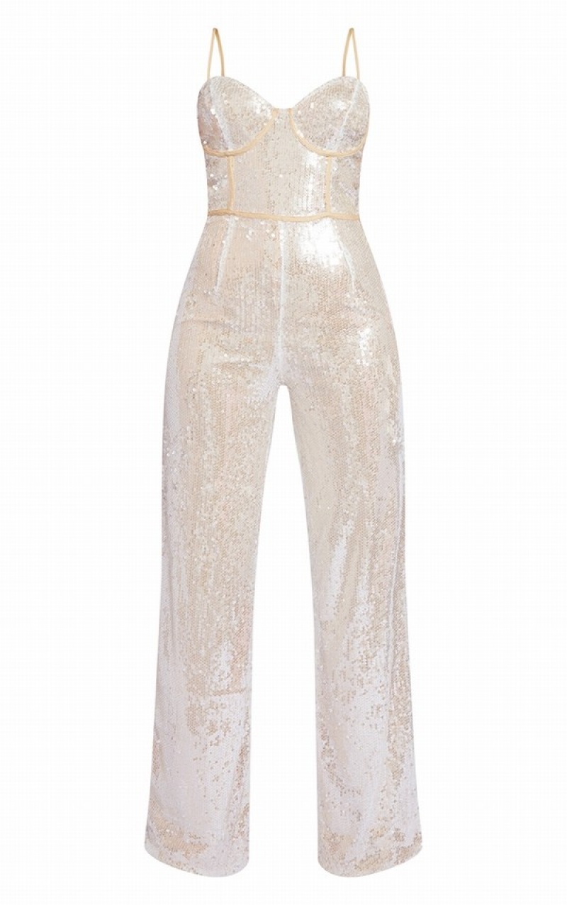 Silver Pretty Little Thing Champagne Sequin Binding Detail Strappy Jumpsuits | YEDKNWA-67