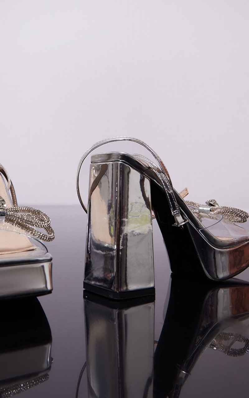 Silver Pretty Little Thing Clear Wide Fit Diamante Bow Strap Platform High Heels | ZPIEHRM-52