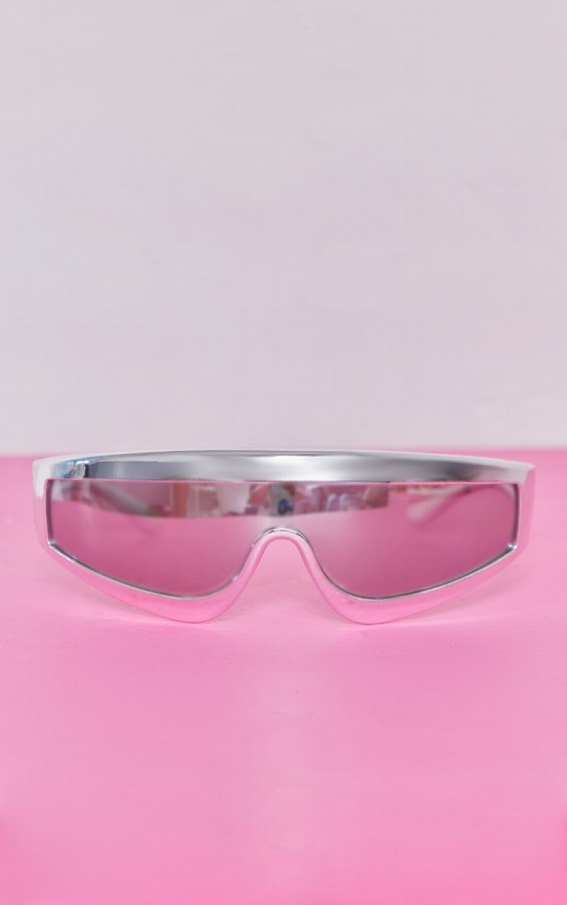 Silver Pretty Little Thing Curved Metallic Frame Visor Sunglasses | PKXNLSU-53