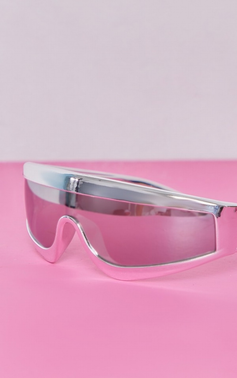 Silver Pretty Little Thing Curved Metallic Frame Visor Sunglasses | PKXNLSU-53