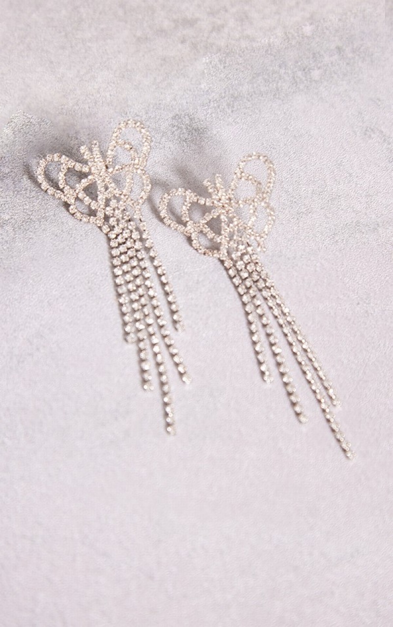 Silver Pretty Little Thing Diamante Butterfly Tassel Statement Jewelry | MGNWQUZ-64