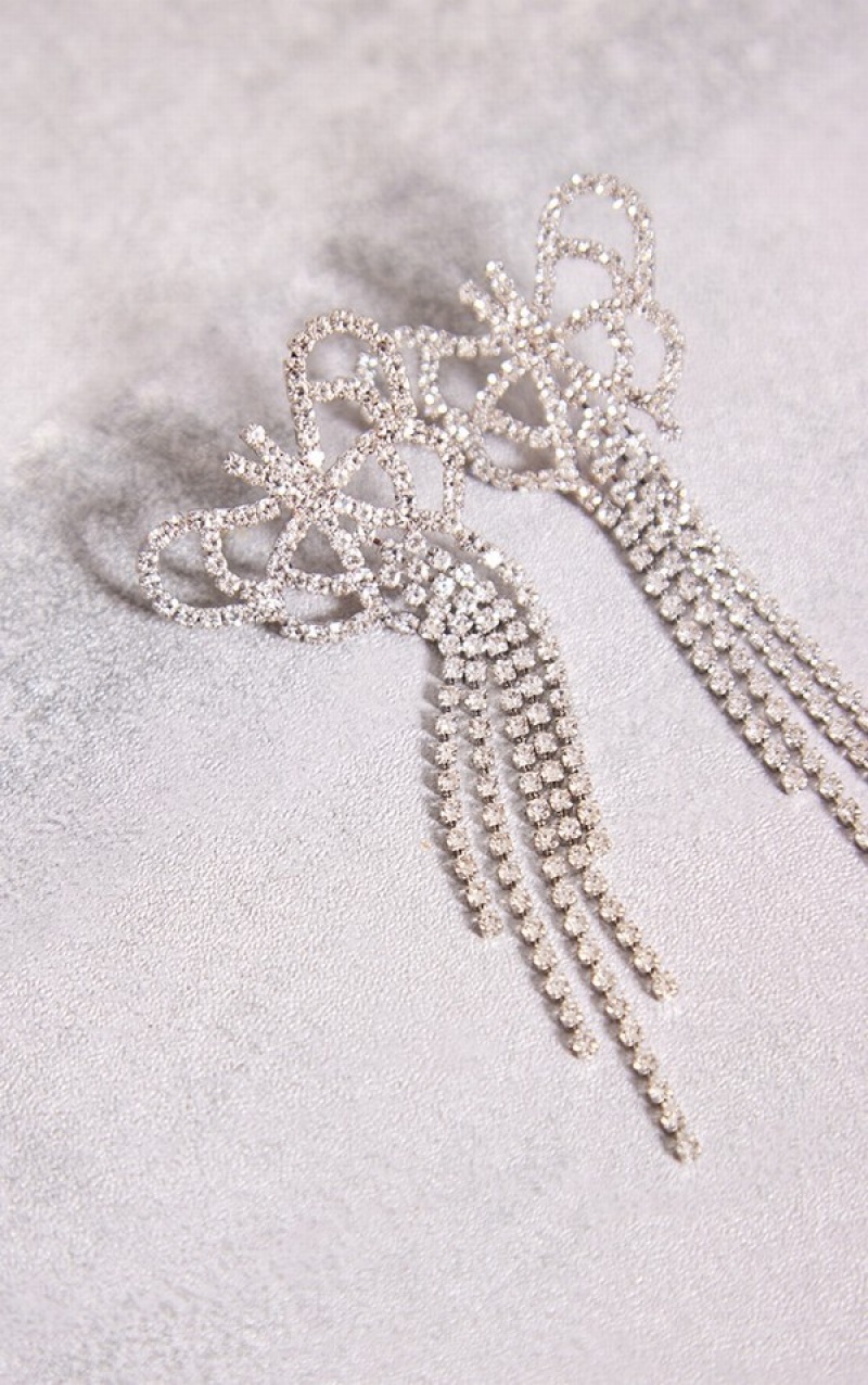 Silver Pretty Little Thing Diamante Butterfly Tassel Statement Jewelry | MGNWQUZ-64