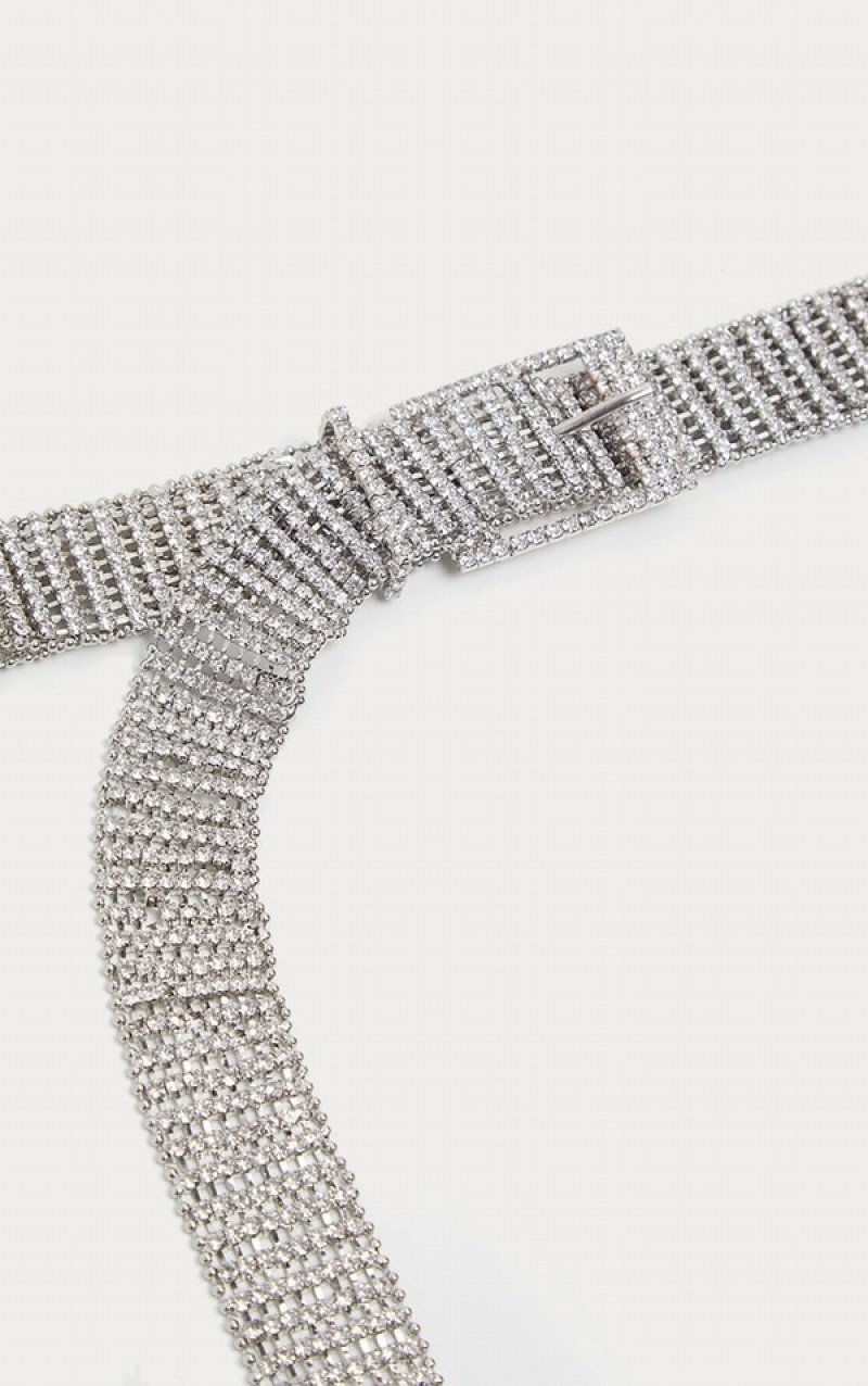 Silver Pretty Little Thing Diamante Chain Link Belts | YLBCZMN-89