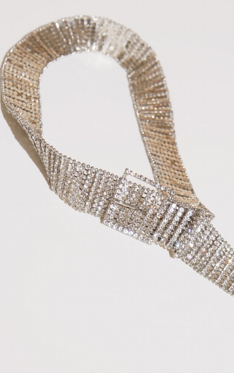 Silver Pretty Little Thing Diamante Chain Link Belts | YLBCZMN-89