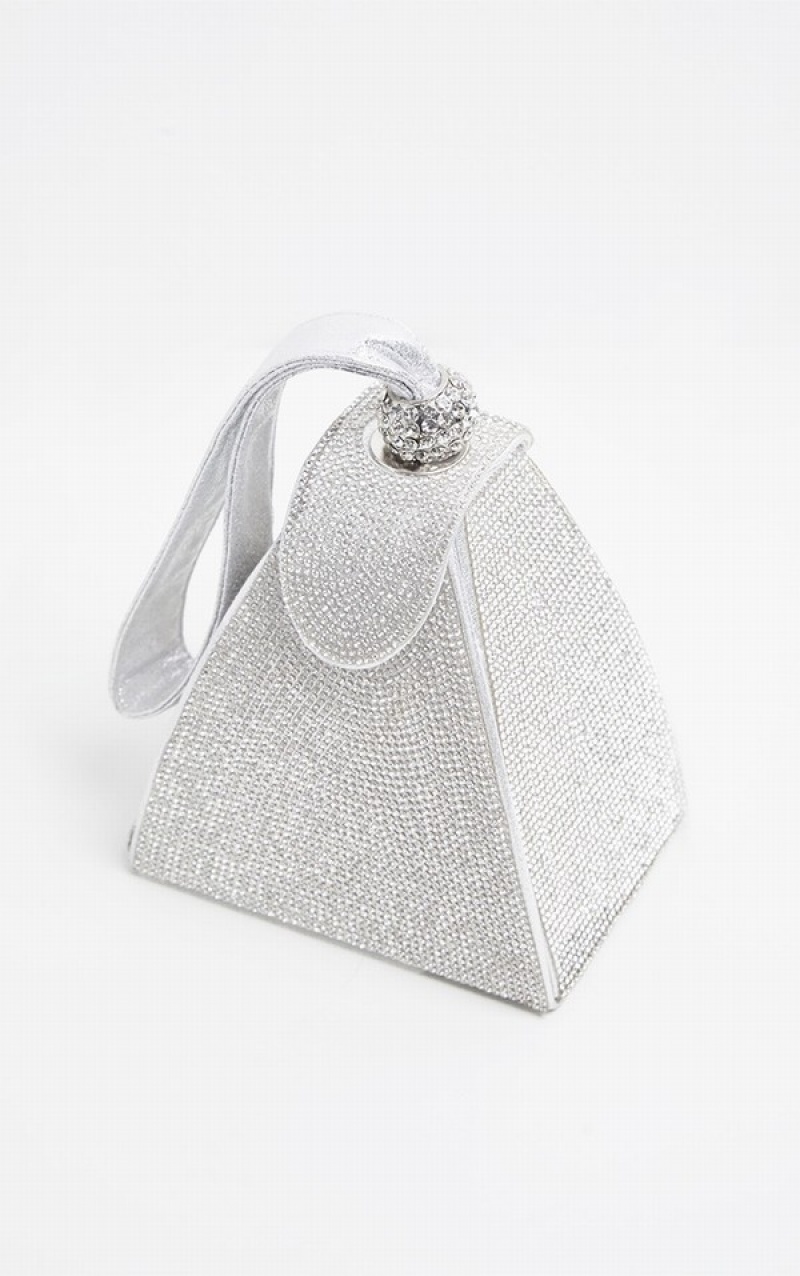 Silver Pretty Little Thing Diamante Pyramid Mini Bags | NQJWCOE-27