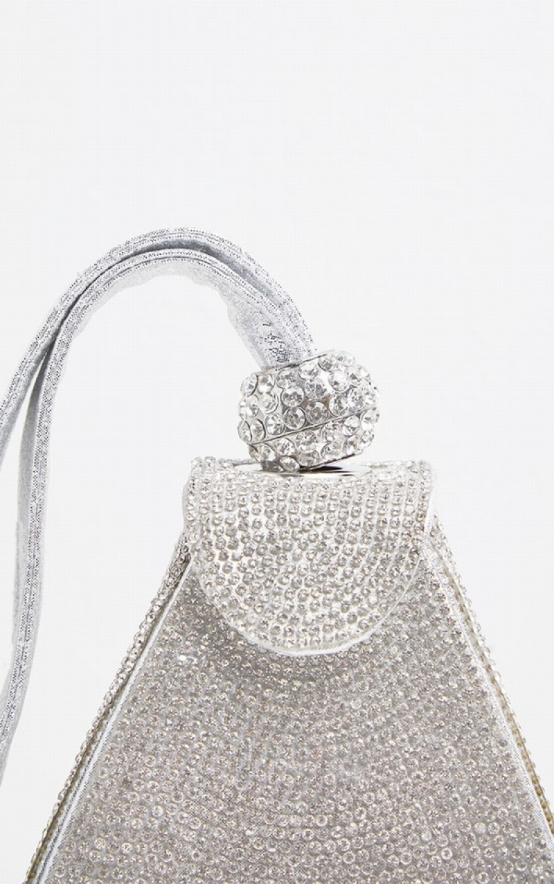 Silver Pretty Little Thing Diamante Pyramid Mini Bags | NQJWCOE-27