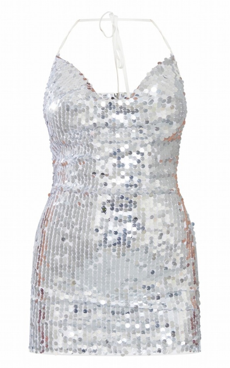 Silver Pretty Little Thing Disk Sequin Cowl Halterneck Bodycon Dresses | UEGZOJX-26