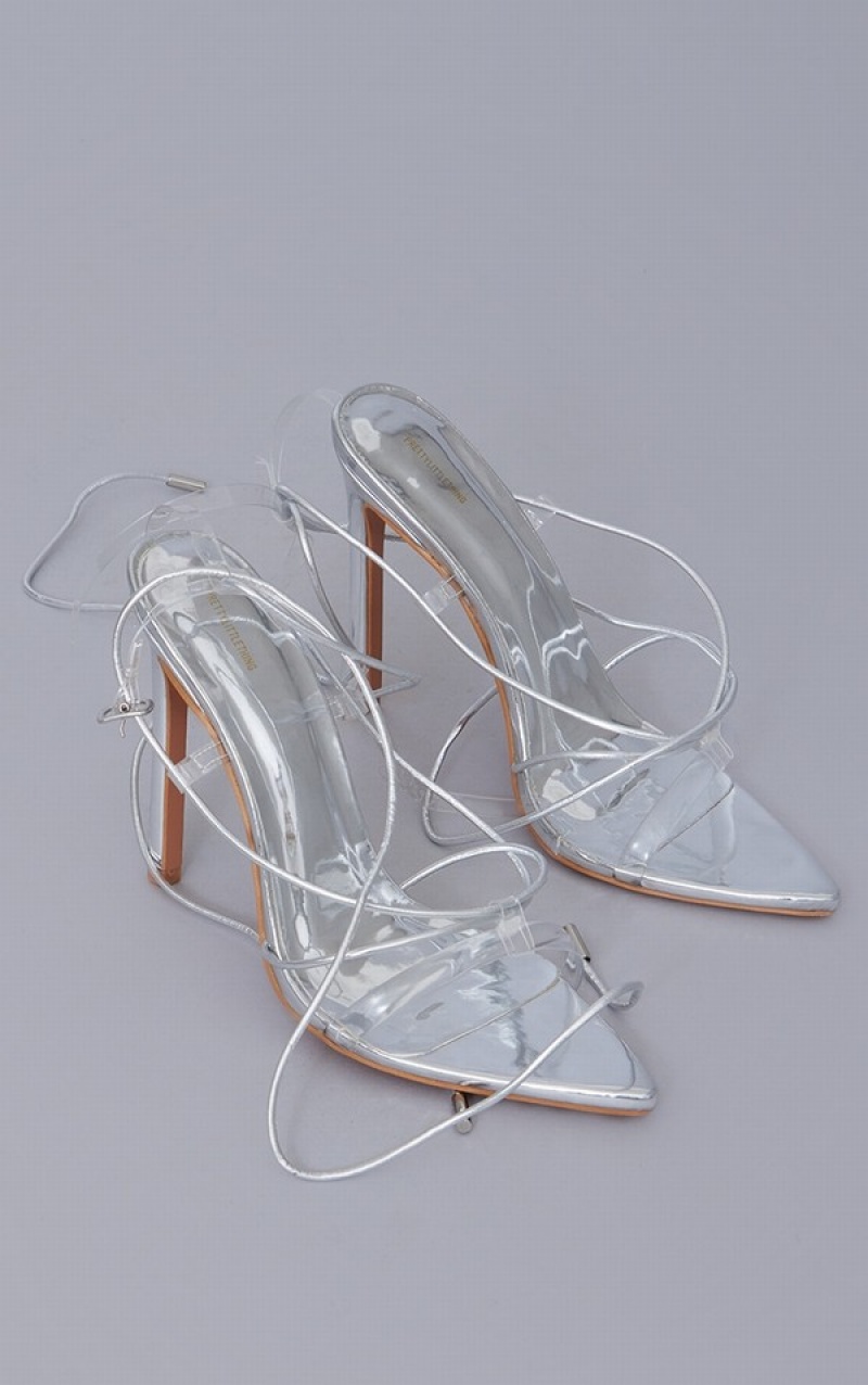 Silver Pretty Little Thing Lace Up Pointed Toe Heels | JWZQBUP-59