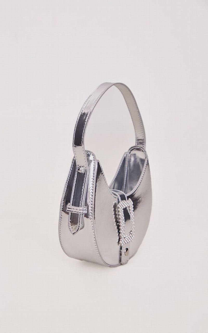 Silver Pretty Little Thing Metallic Curved Diamante Buckle Shoulder Bags | QWFELCD-75