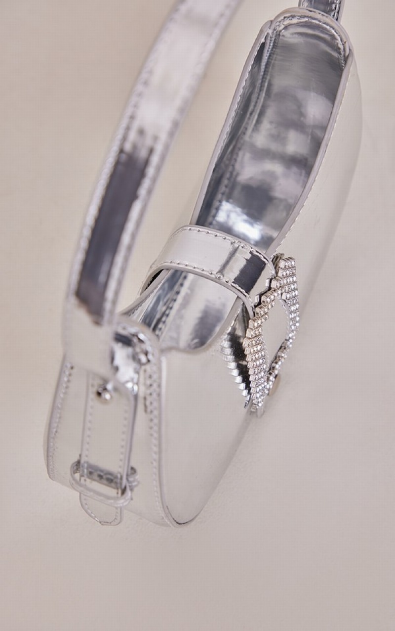 Silver Pretty Little Thing Metallic Curved Diamante Buckle Shoulder Bags | QWFELCD-75