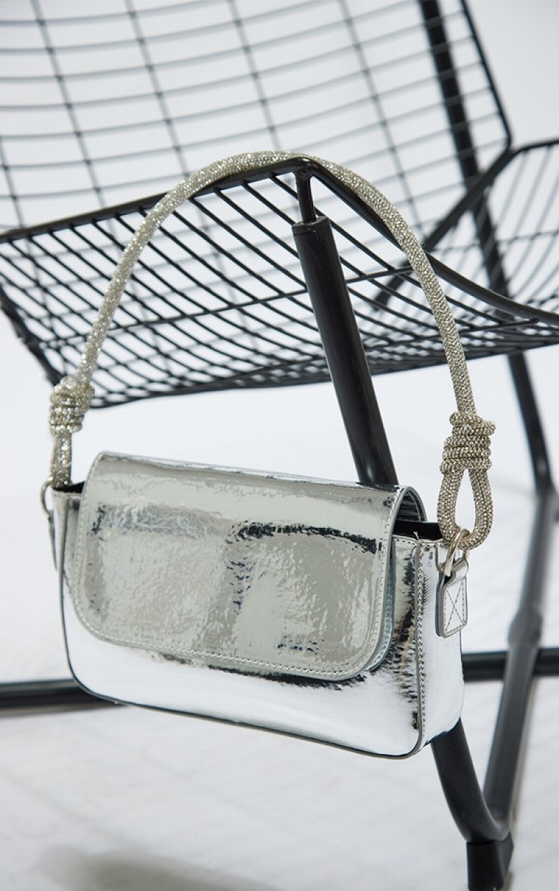 Silver Pretty Little Thing Metallic Diamante Knot Shoulder Bags | CXYVOPK-74