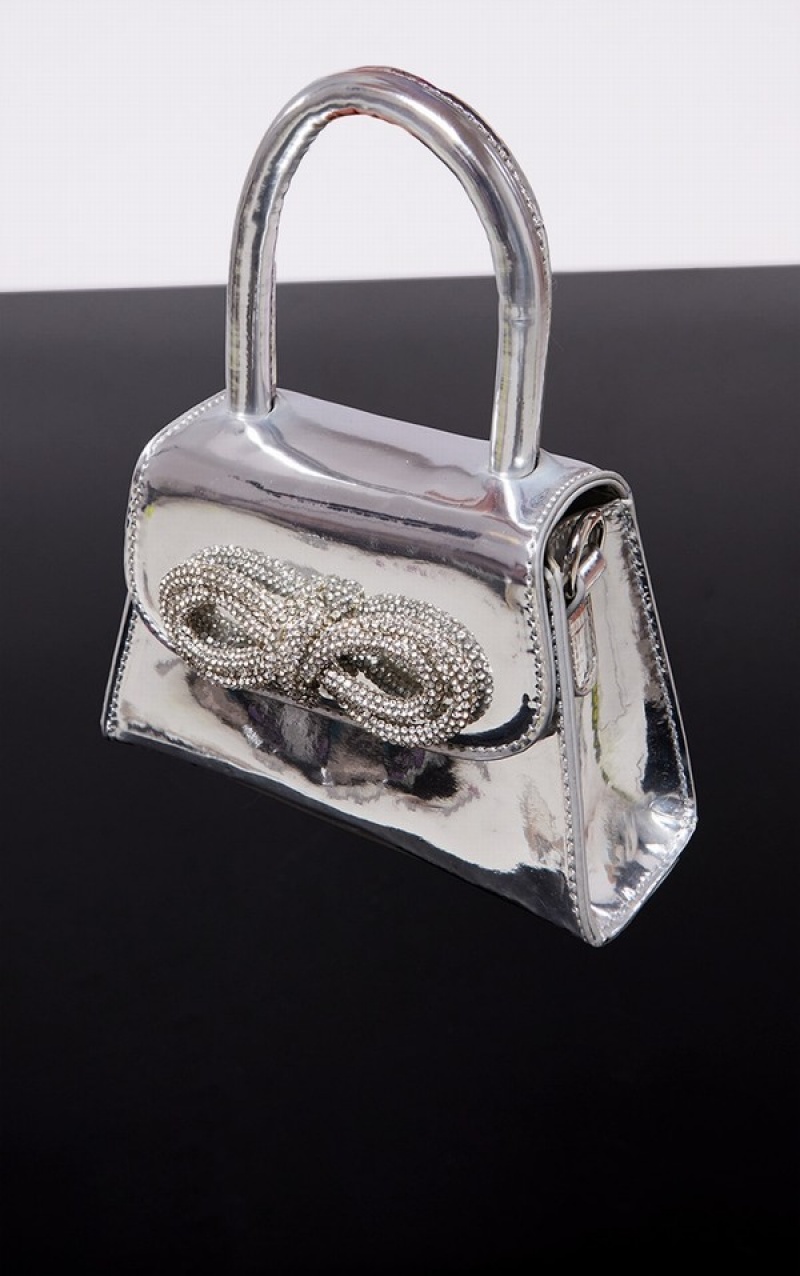 Silver Pretty Little Thing Metallic Diamante Bow Trim Grab Mini Bags | LYGUOIC-67