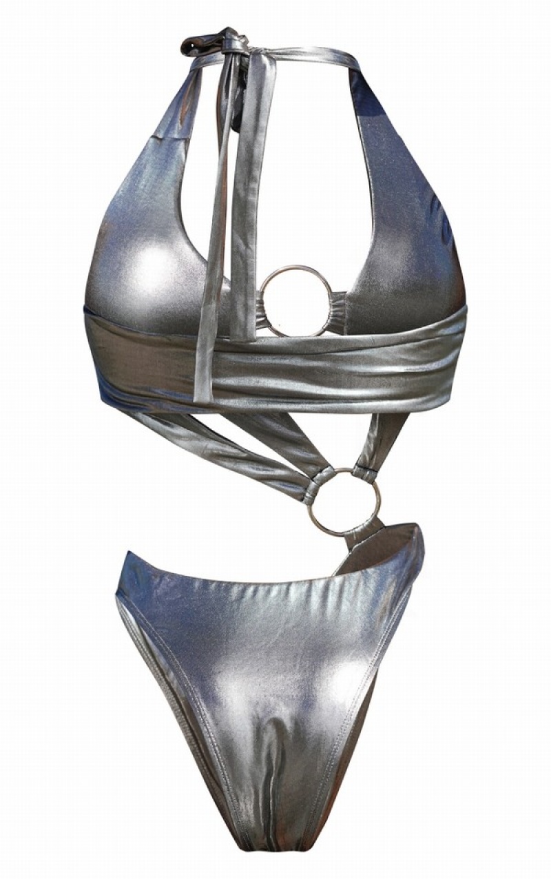 Silver Pretty Little Thing Metallic O Cut Out Swimsuits | IQWHGRK-97