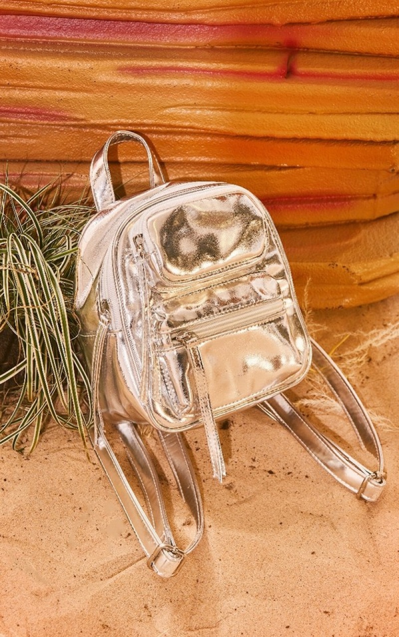 Silver Pretty Little Thing Metallic Pocket Backpacks | VLBMNWH-43