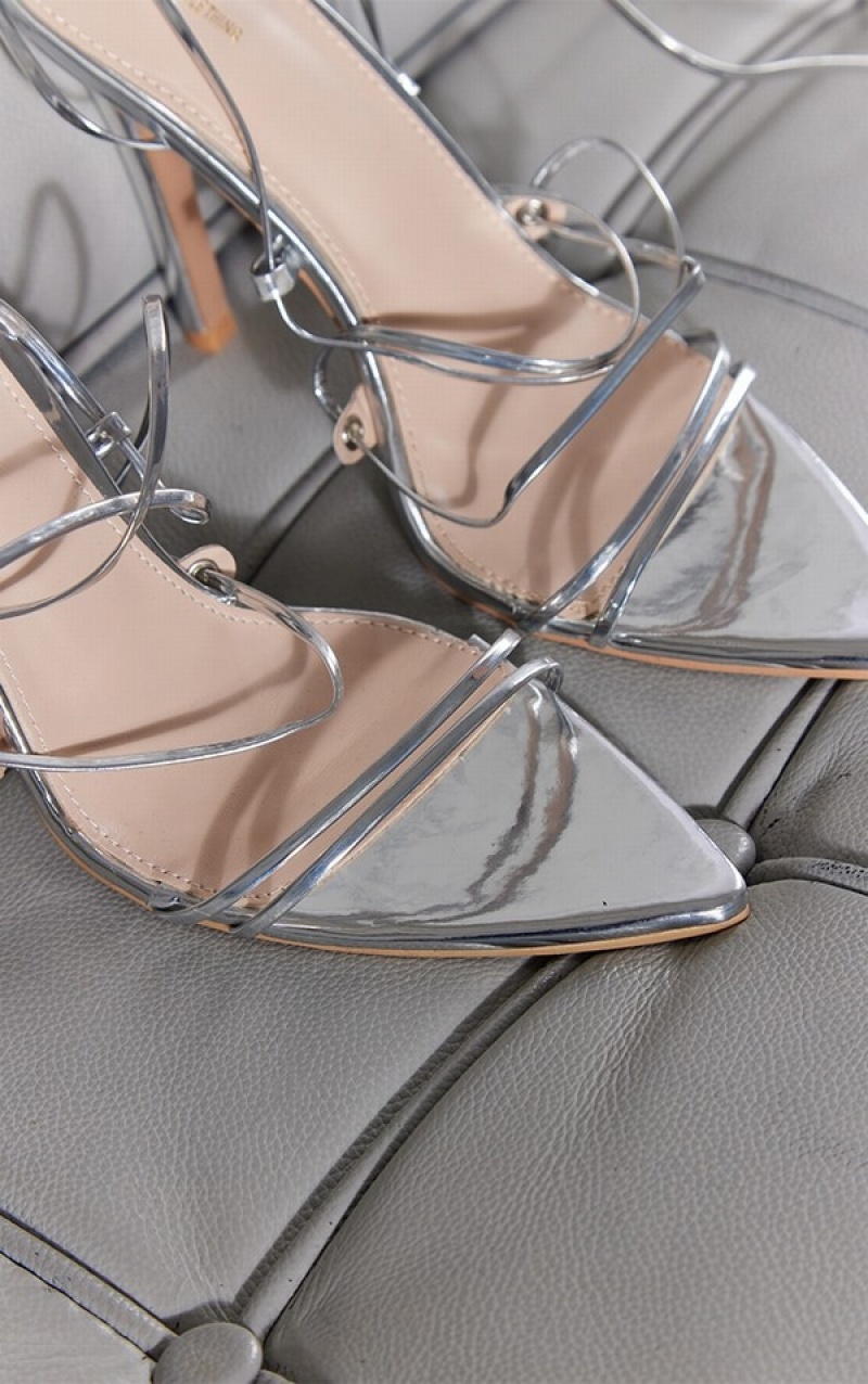 Silver Pretty Little Thing Metallic Strappy Gladiator Point Toes Heels | HFNDIEA-96