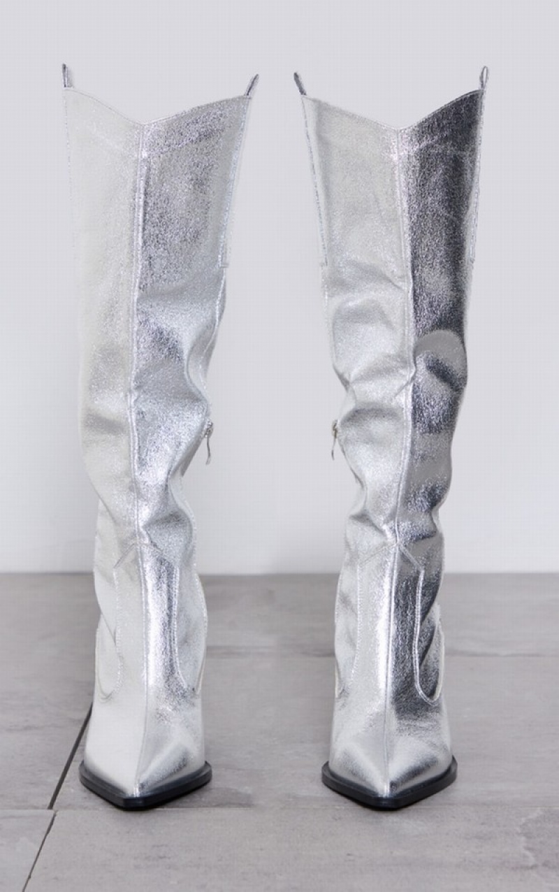 Silver Pretty Little Thing Metallic Western Pointed Wedgeed Knee Boots | TIXHJQV-17