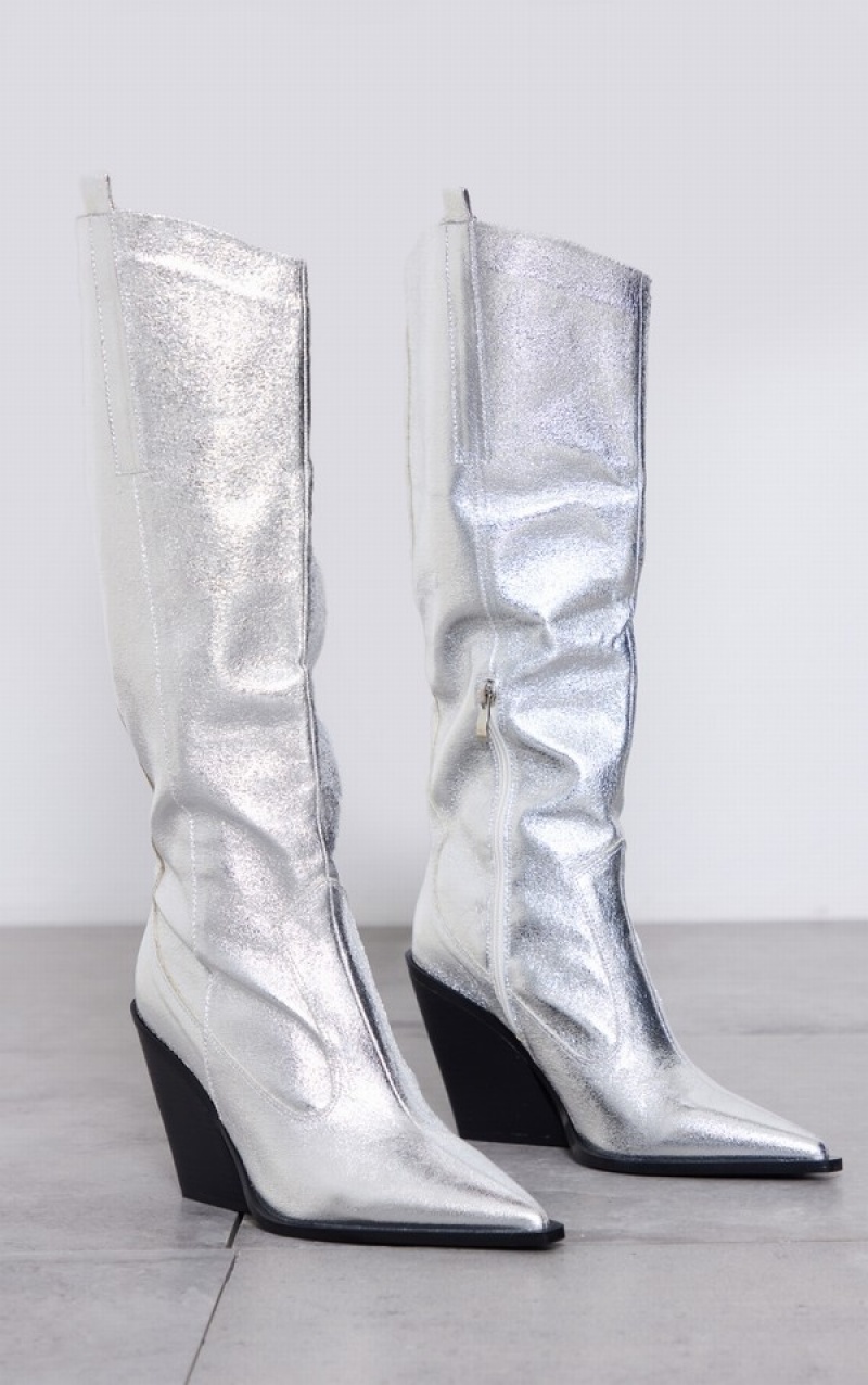 Silver Pretty Little Thing Metallic Western Pointed Wedgeed Knee Boots | TIXHJQV-17