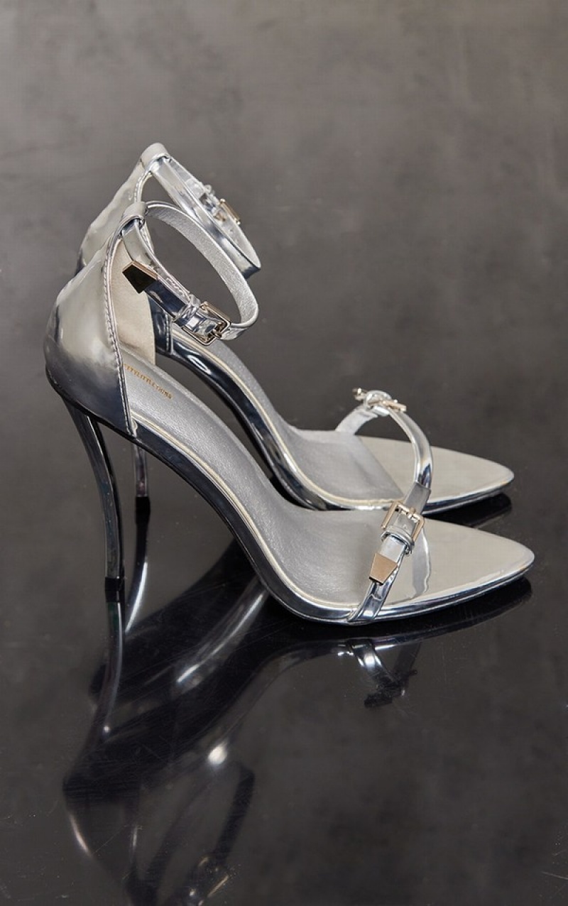 Silver Pretty Little Thing PU Barely Double Strap Stiletto Detail Heels | KBZOSMA-03