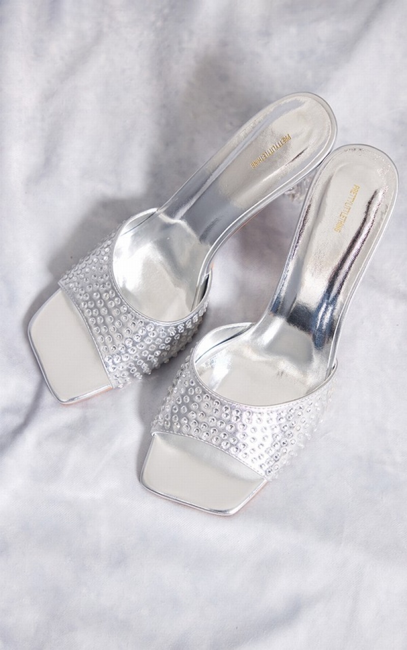 Silver Pretty Little Thing PU Diamante Star Mid Highed Heels | LIEBVJN-43