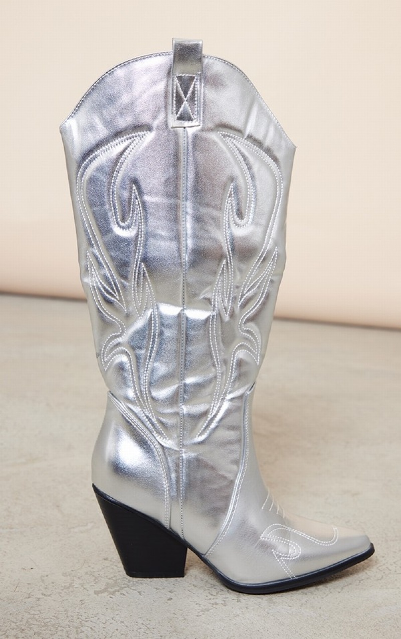 Silver Pretty Little Thing PU Point Toe Knee High Western Boots | YMBLOKZ-93