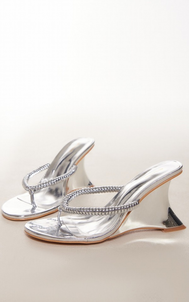 Silver Pretty Little Thing PU Spiral Toe Highed Wedges Heels | IADPXMW-18