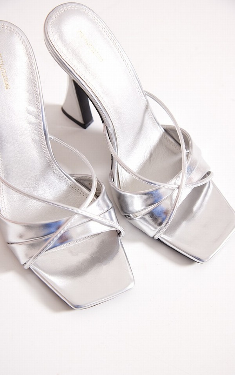 Silver Pretty Little Thing PU Square Toe Cross Strap Retro Styleeds Heels | IOGAPBZ-68