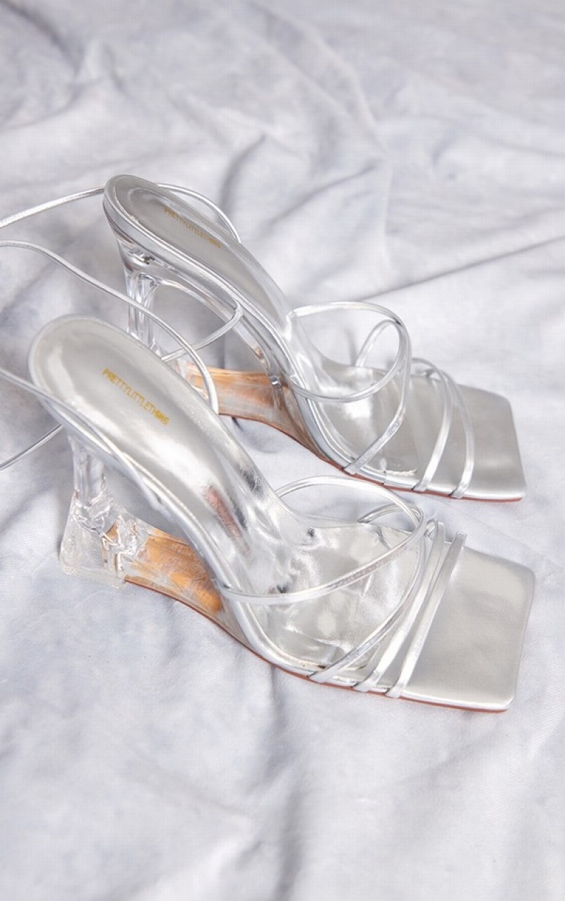 Silver Pretty Little Thing PU Square Toe Multi Lace Up Cut Out Wedges Heels | KFUWPAV-28