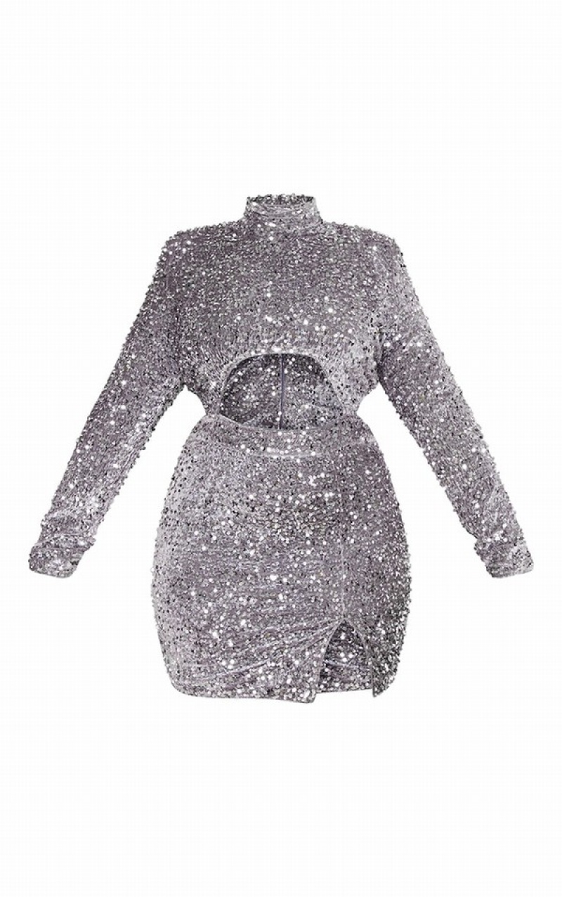 Silver Pretty Little Thing Plus Sequin Cut Out Bodycon Dresses | OZARXSM-15