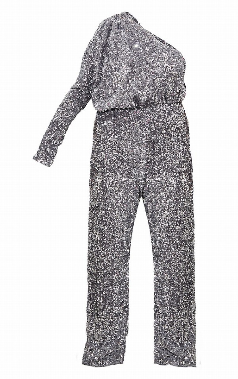 Silver Pretty Little Thing Plus Velvet Sequin One Shoulder Wide Leg Jumpsuits | WTFMAEZ-53