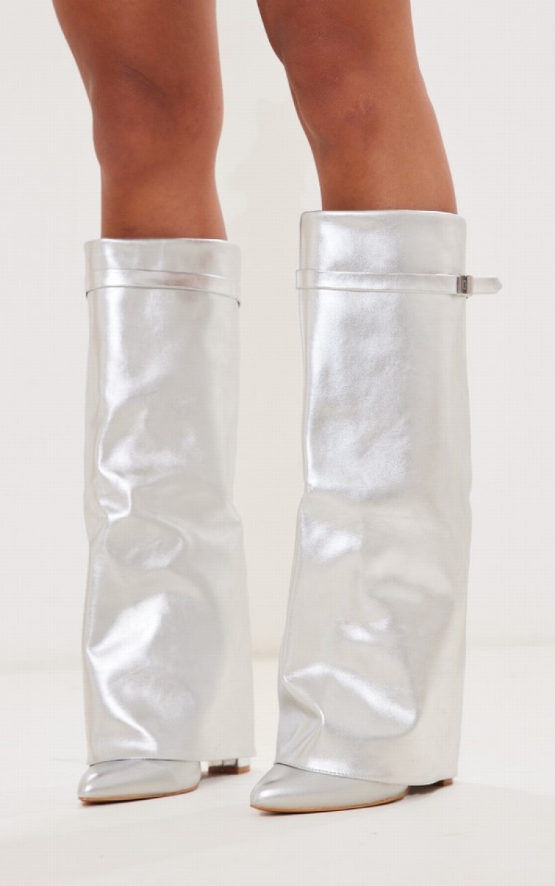 Silver Pretty Little Thing Pu Matt Fold Over Knee Blocked Boots | NDRTJHS-46