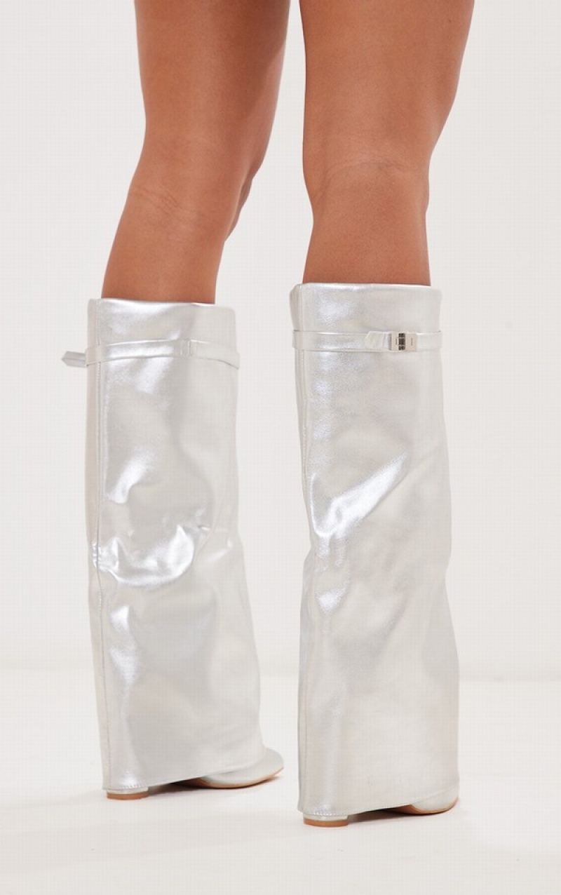 Silver Pretty Little Thing Pu Matt Fold Over Knee Blocked Boots | NDRTJHS-46