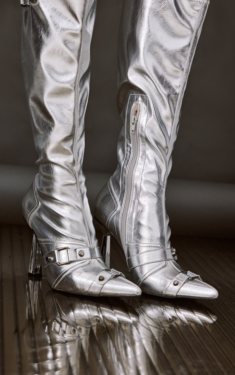 Silver Pretty Little Thing Pu Metallic Buckle Detail Highed Knee Boots | MLFEPQX-71