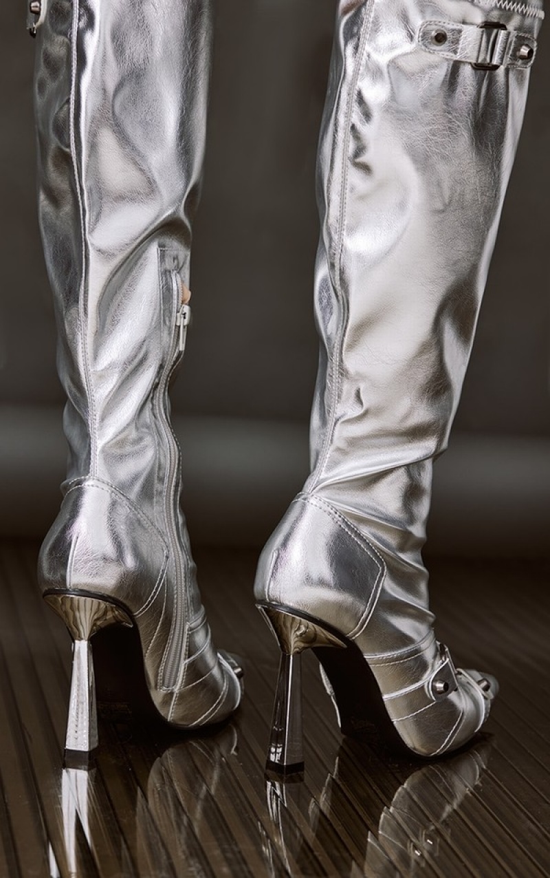 Silver Pretty Little Thing Pu Metallic Buckle Detail Highed Knee Boots | MLFEPQX-71