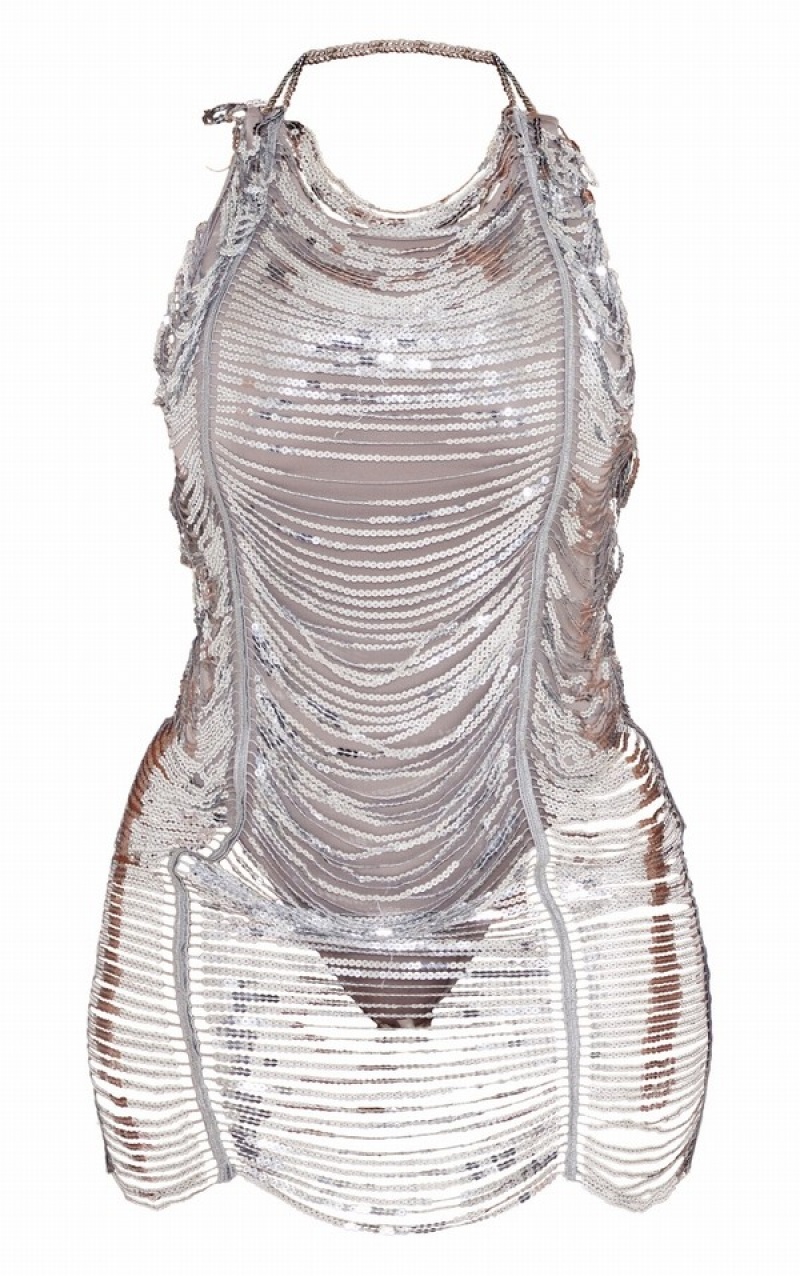 Silver Pretty Little Thing Shape Drape Sequin Dresses | IQDSKGW-93