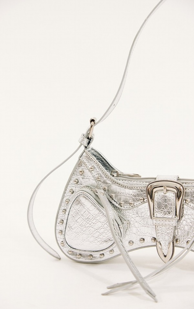 Silver Pretty Little Thing Stud Western Buckle Shoulder Bags | JCDGAZO-02