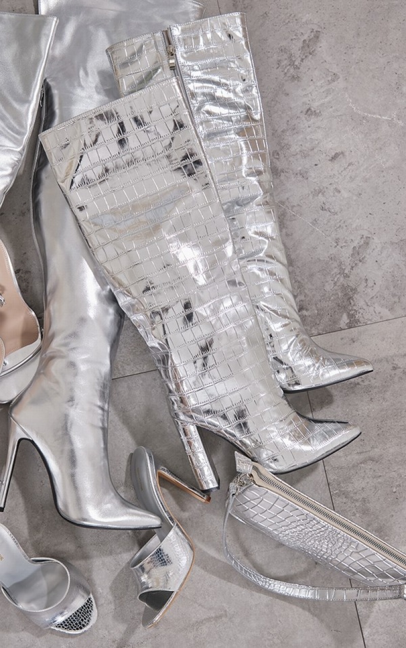 Silver Pretty Little Thing Wide Fit Metallic Point Toe Croc Block Highed Knee Boots | UZJQKOW-31