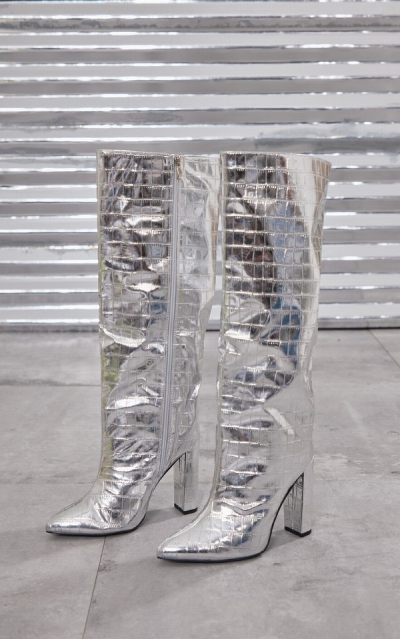 Silver Pretty Little Thing Wide Fit Metallic Point Toe Croc Block Highed Knee Boots | UZJQKOW-31