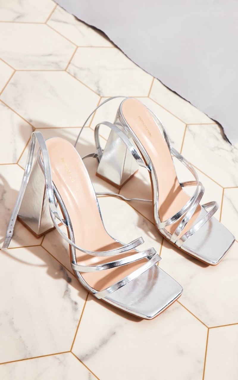 Silver Pretty Little Thing Wide Fit PU Square Toe Strappy High Block Heels | UBLJKIH-70