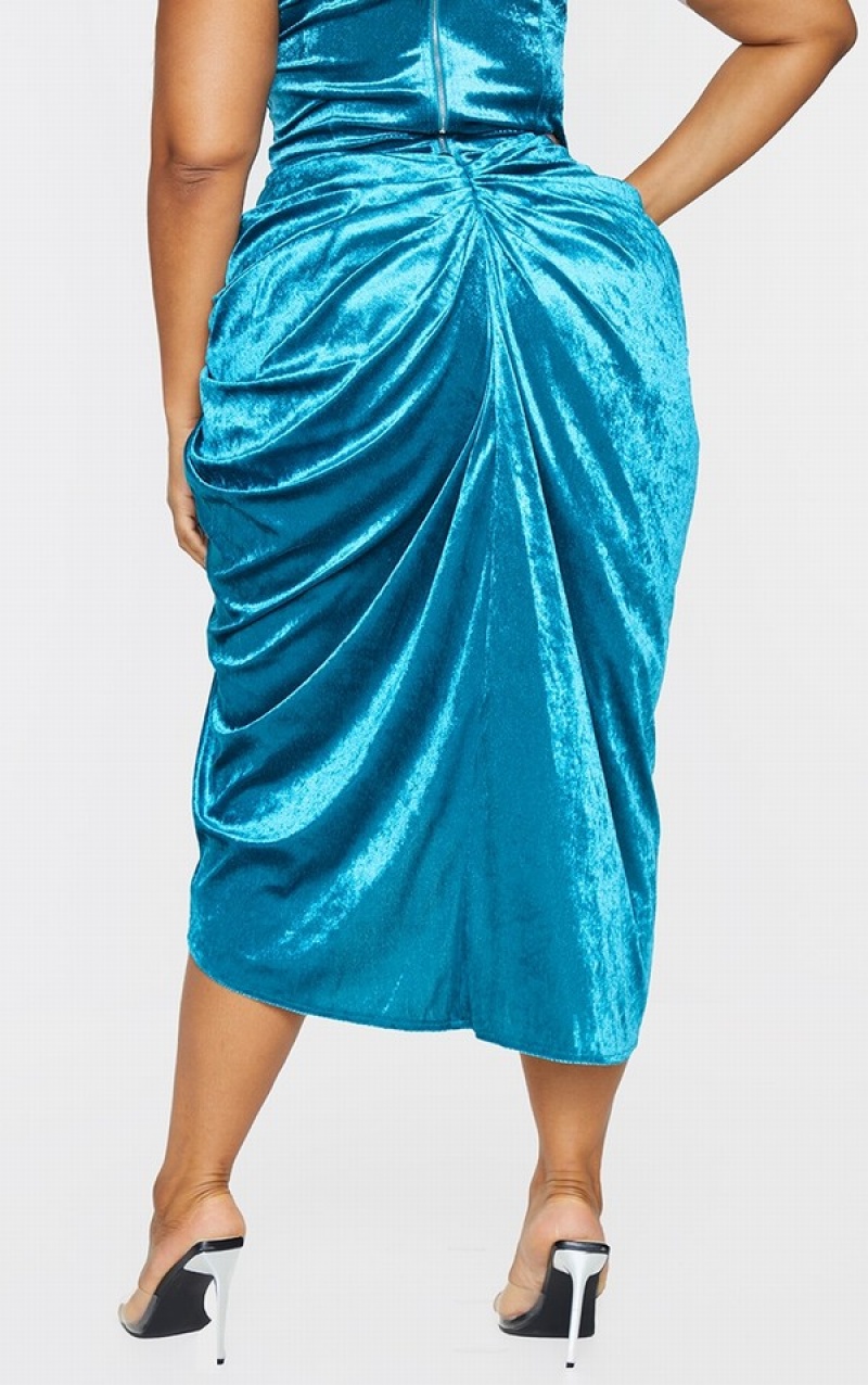 Turquoise Pretty Little Thing Plus Teal Velvet Ruched Side Skirts | SMAYJIC-48