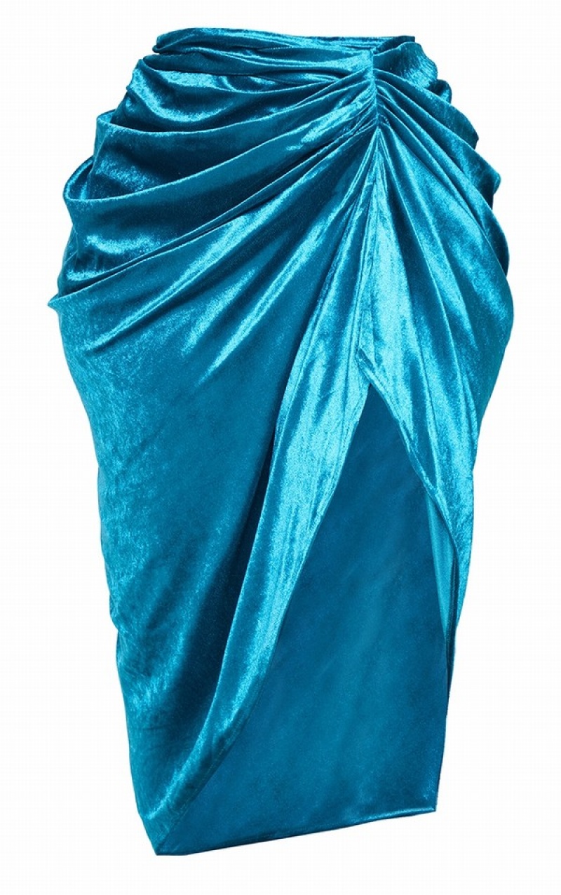 Turquoise Pretty Little Thing Plus Teal Velvet Ruched Side Skirts | SMAYJIC-48