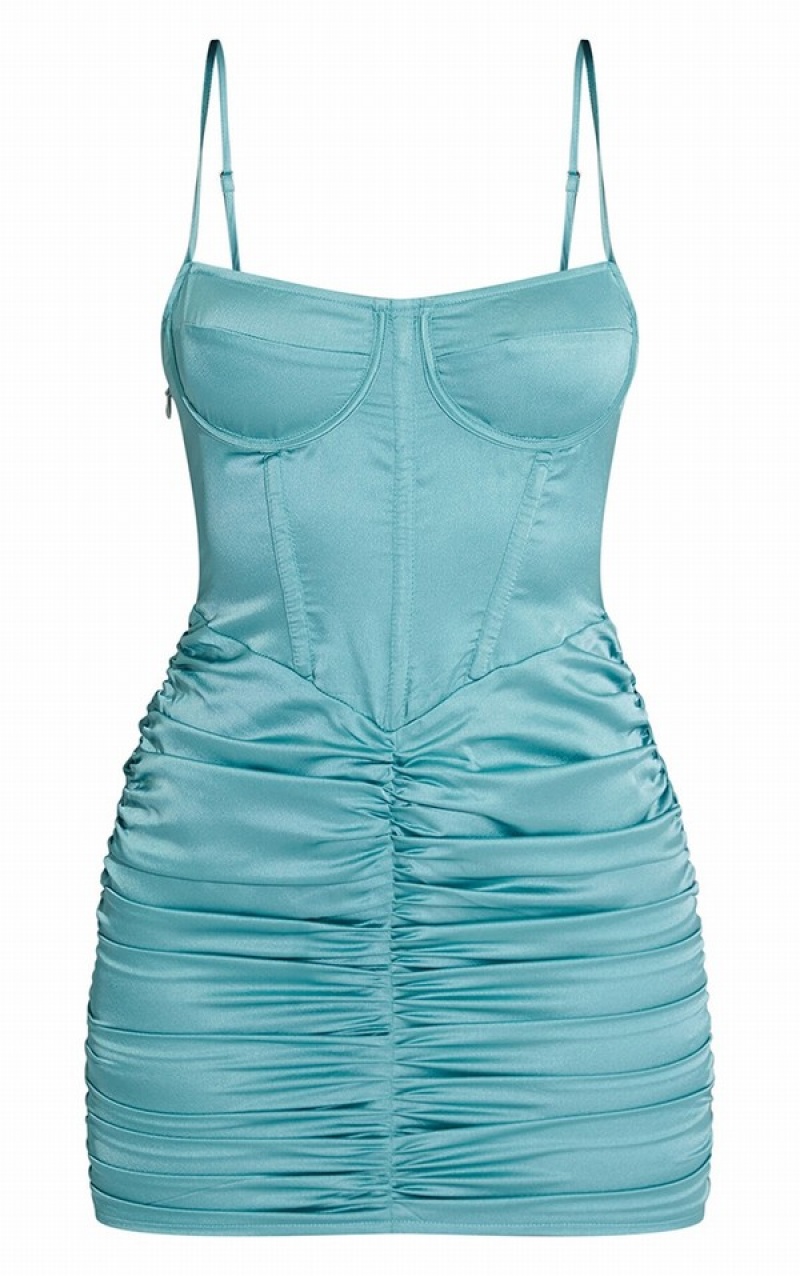 Turquoise Pretty Little Thing Teal Satin Strappy Corset Detail Ruched Bodycon Skirts | CJUNHXD-09