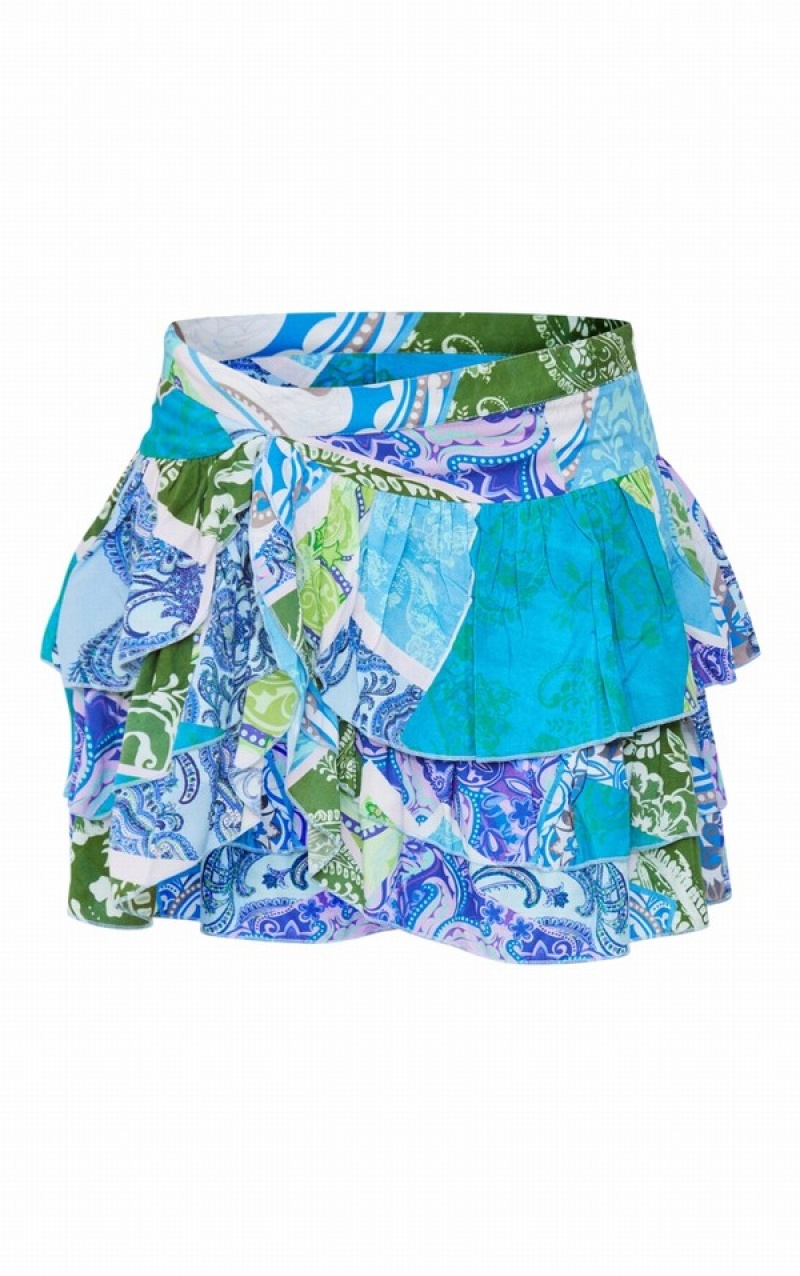 Turquoise Pretty Little Thing Turquoise Patchwork Print Rara Skirts | KQVHPDE-12