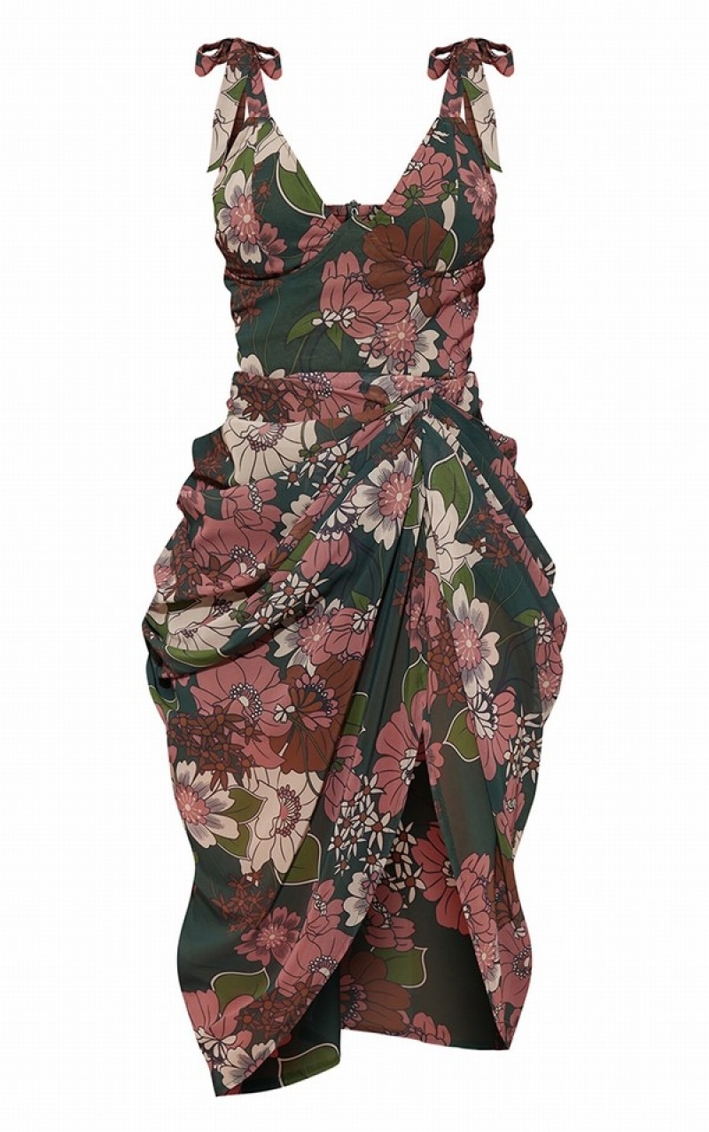 Turquoise / Green Pretty Little Thing Emerald Floral Underwire Detail Draped Dresses | XRTLFZH-12