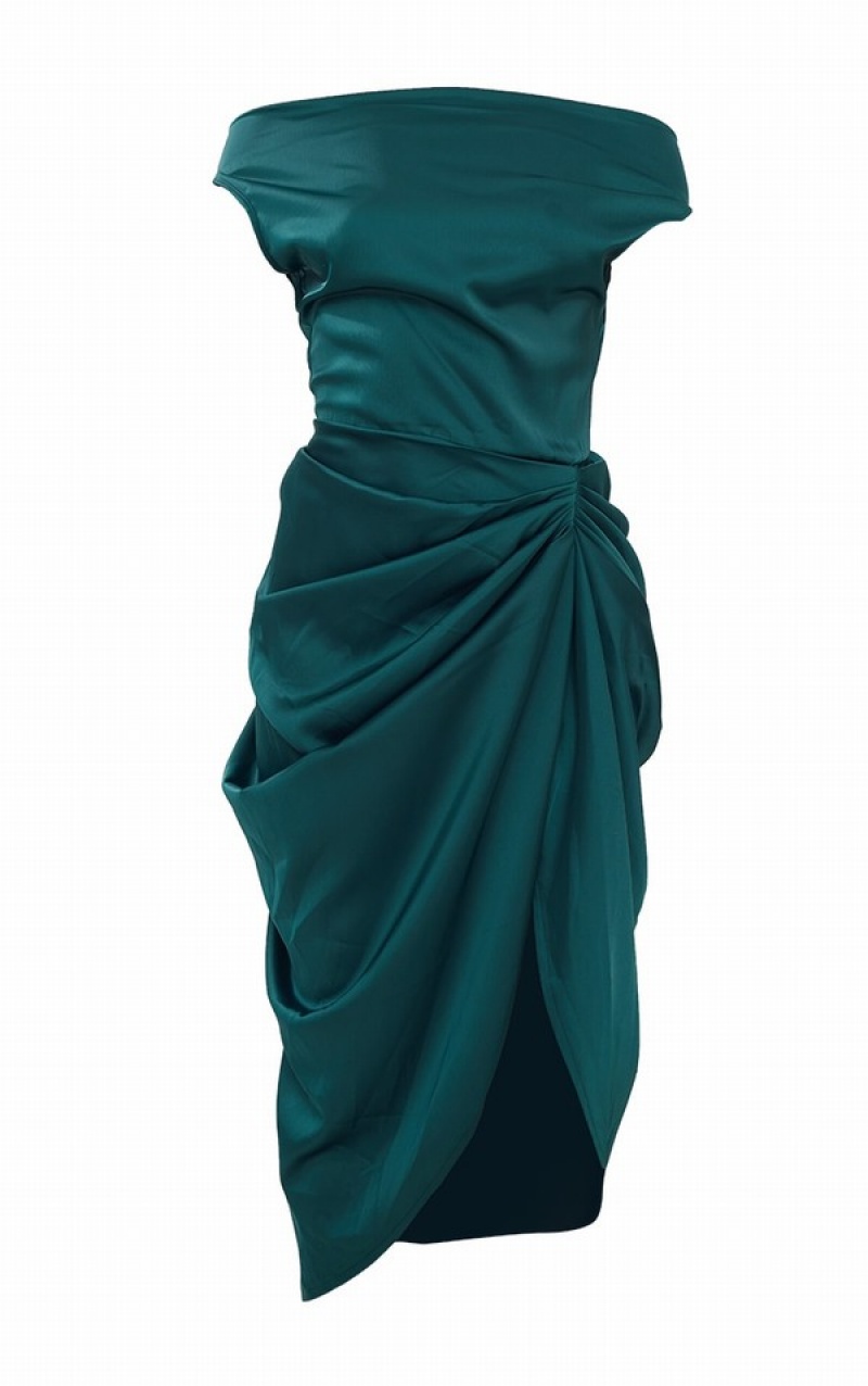 Turquoise / Green Pretty Little Thing Emerald Satin Off The Shoulder Draped Dresses | AYMLEOF-87