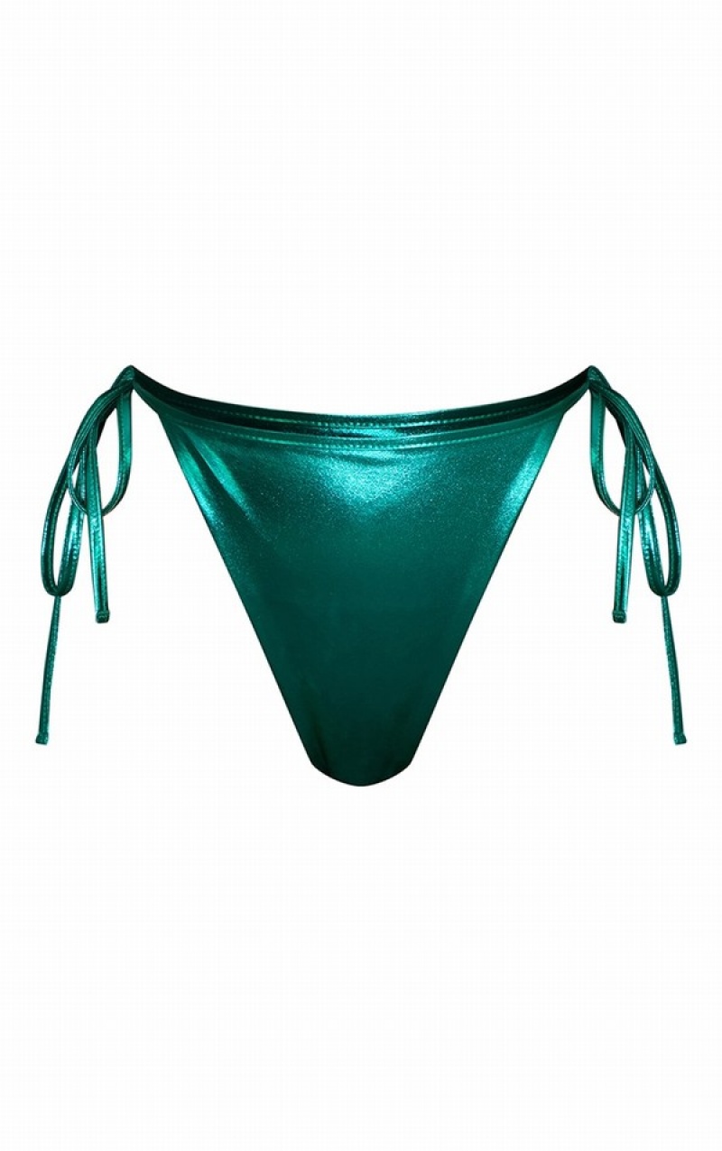 Turquoise / Green Pretty Little Thing Emerald Metallic Tie Side Bikini Bottoms | NSCZBKU-42