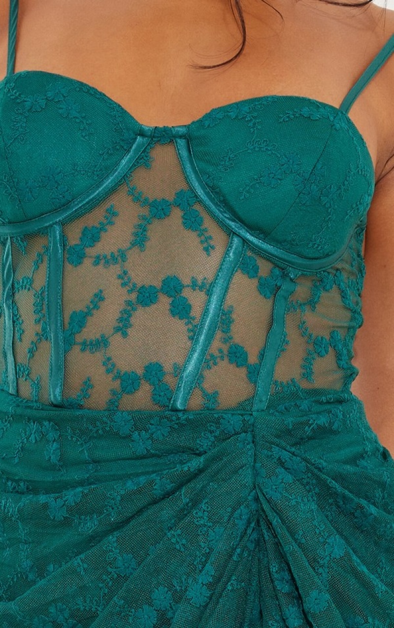 Turquoise / Green Pretty Little Thing Emerald Lace Strappy Cup Detail Draped Dresses | BKUINEC-95