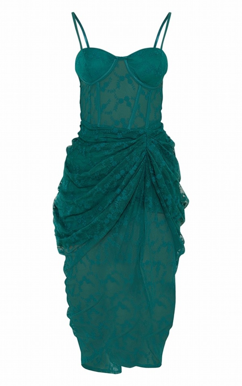 Turquoise / Green Pretty Little Thing Emerald Lace Strappy Cup Detail Draped Dresses | BKUINEC-95