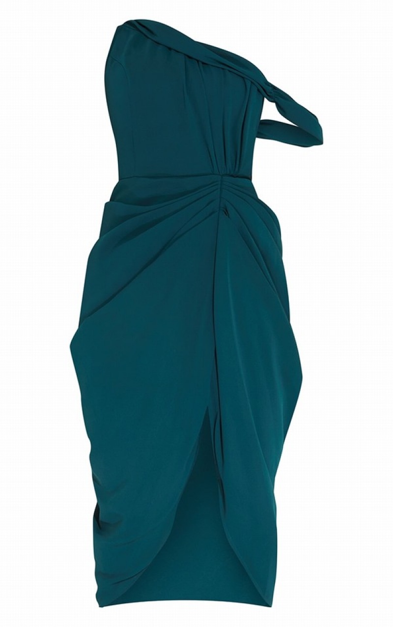 Turquoise / Green Pretty Little Thing Emerald Chiffon Asymmetric Strap Draped Dresses | MUQOTRP-05