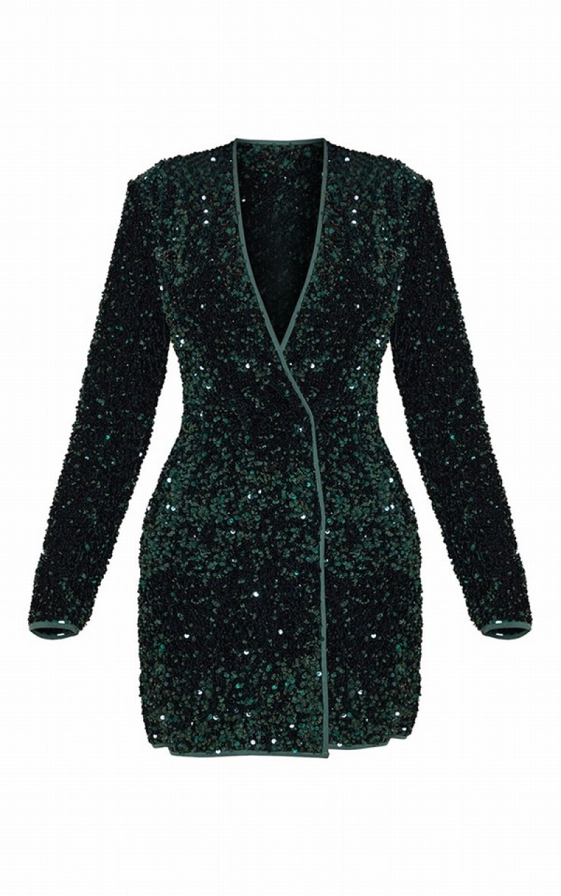 Turquoise / Green Pretty Little Thing Emerald Velvet Sequin Long Sleeve Dresses | AKNSQJT-38