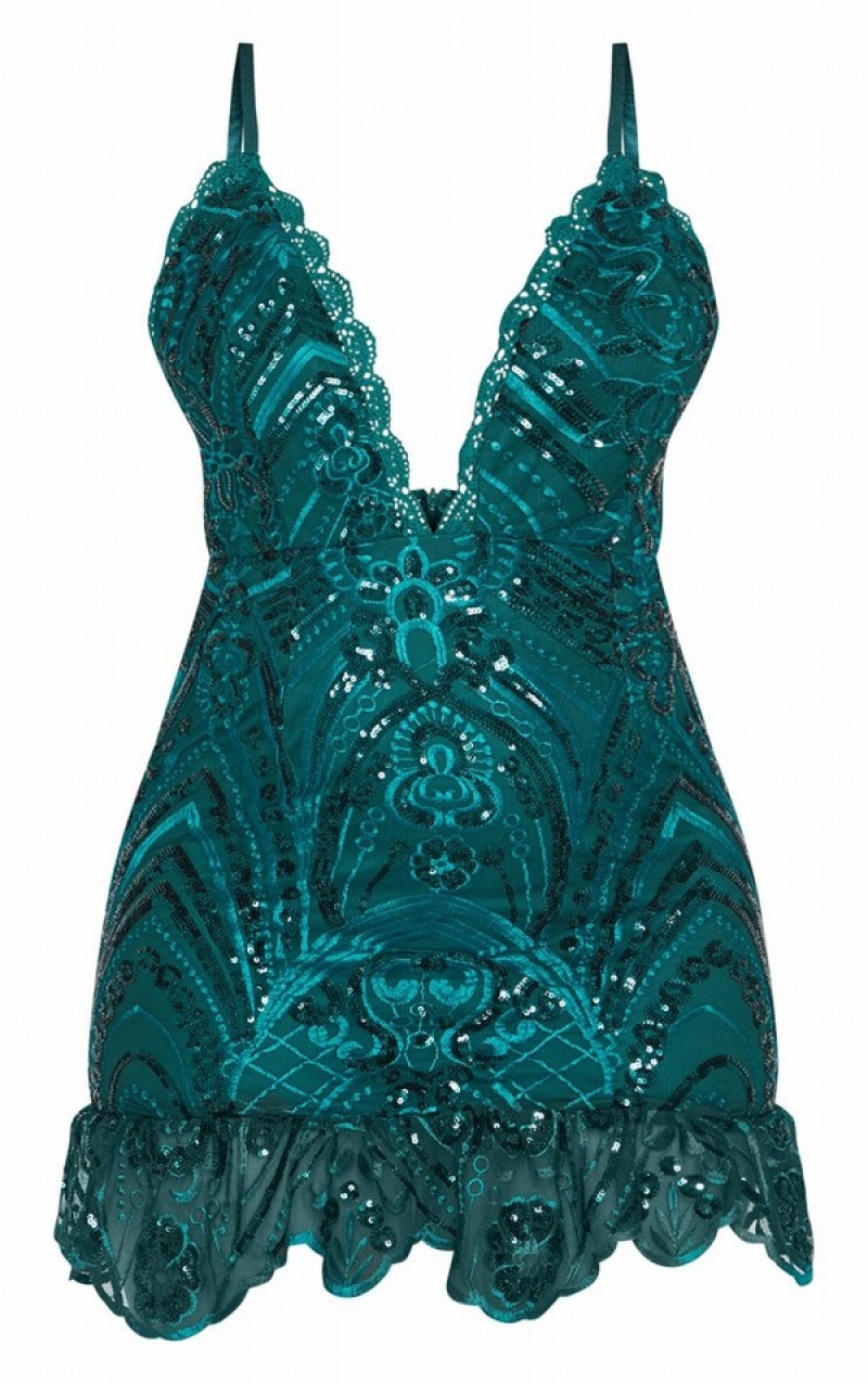 Turquoise / Green Pretty Little Thing Emerald Sequin Lace Frill Hem Bodycon Dresses | ILPHBRY-90